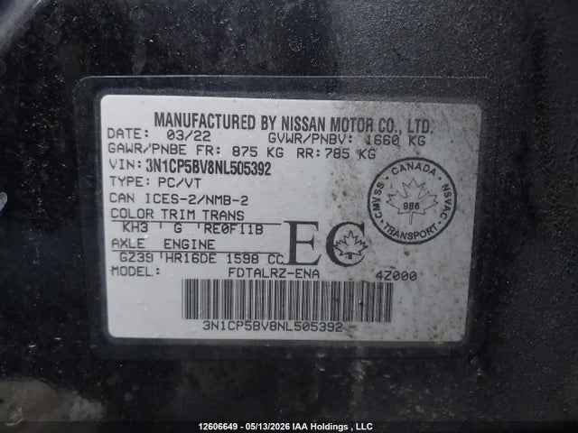 Auction sale of the 2022 Nissan Kicks S, vin: 3N1CP5BV8NL505392, lot number: 12606649