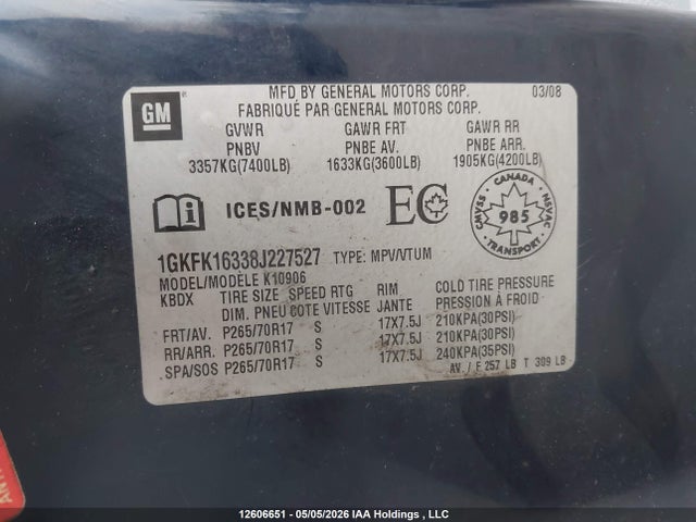 Продажа на аукционе авто 2008 Gmc Yukon Xl K1500, vin: 1GKFK16338J227527, номер лота: 12606651