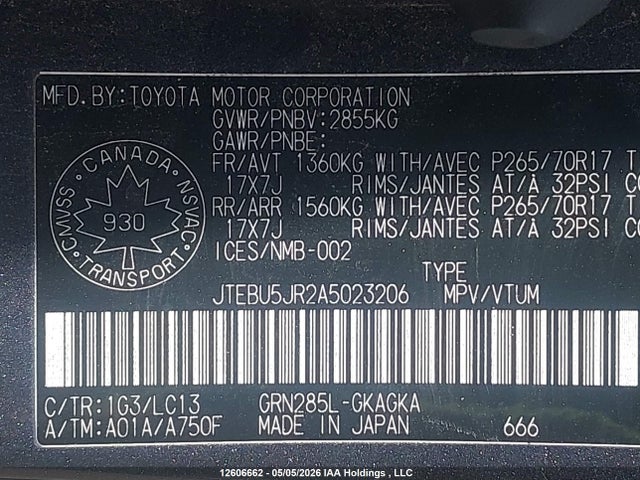 12606662 :رقم المزاد ، JTEBU5JR2A5023206 vin ، 2010 Toyota 4runner Sr5/limited/trail مزاد بيع