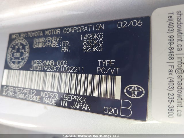 12606665 :رقم المزاد ، JTDBT923X71002211 vin ، 2007 Toyota Yaris مزاد بيع