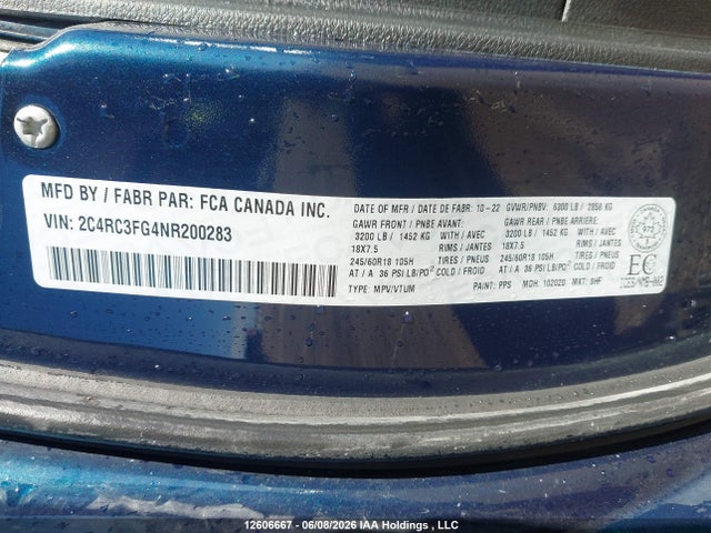Продажа на аукционе авто 2022 Chrysler Pacifica Touring, vin: 2C4RC3FG4NR200283, номер лота: 12606667