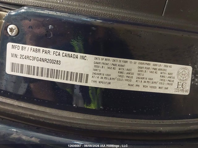 Продажа на аукционе авто 2022 Chrysler Pacifica Touring, vin: 2C4RC3FG4NR200283, номер лота: 12606667