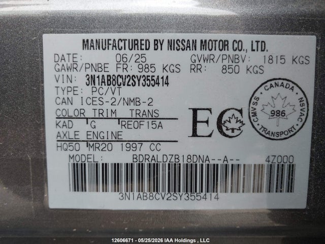 Продажа на аукционе авто 2025 Nissan Sentra, vin: 3N1AB8CV2SY355414, номер лота: 12606671