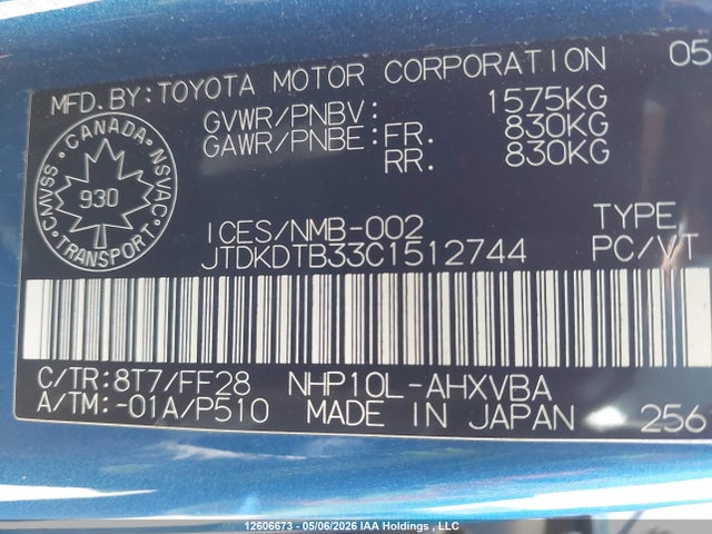 12606673 :رقم المزاد ، JTDKDTB33C1512744 vin ، 2012 Toyota Prius C مزاد بيع