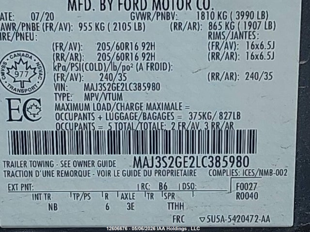 Продаж на аукціоні авто 2020 Ford Ecosport Se, vin: MAJ3S2GE2LC385980, номер лоту: 12606676