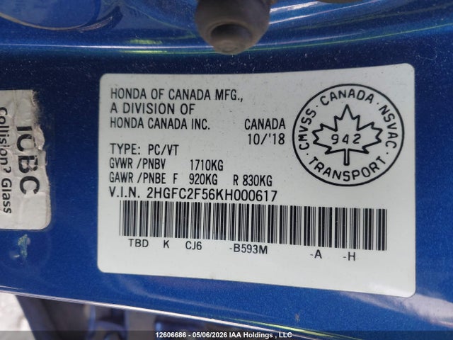 2019 Honda Civic Lx მანქანა იყიდება აუქციონზე, vin: 2HGFC2F56KH000617, აუქციონის ნომერი: 12606686