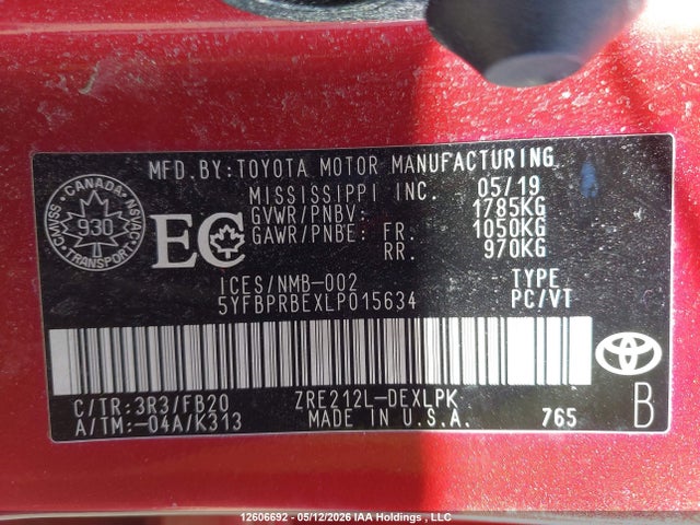 2020 Toyota Corolla Le მანქანა იყიდება აუქციონზე, vin: 5YFBPRBEXLP015634, აუქციონის ნომერი: 12606692