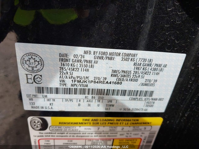 12606696 :رقم المزاد ، 1FMJK1P84REA41680 vin ، 2024 Ford Expedition Max King Ranch مزاد بيع