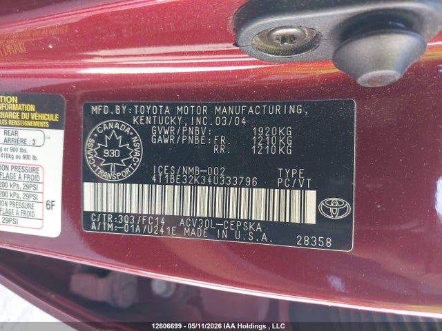 12606699 :رقم المزاد ، 4T1BE32K34U333796 vin ، 2004 Toyota Camry Le/xle/se مزاد بيع
