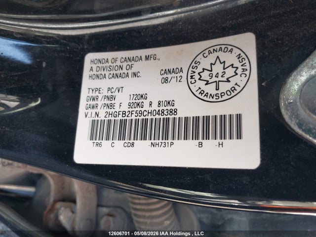 Продажа на аукционе авто 2012 Honda Civic Lx, vin: 2HGFB2F59CH048388, номер лота: 12606701