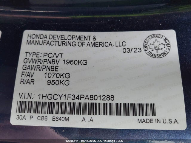 12606711 :رقم المزاد ، 1HGCY1F34PA801288 vin ، 2023 Honda Accord Ex مزاد بيع
