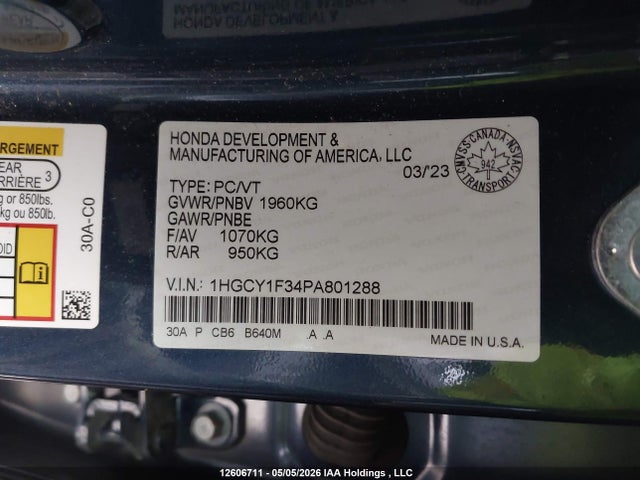 12606711 :رقم المزاد ، 1HGCY1F34PA801288 vin ، 2023 Honda Accord Ex مزاد بيع