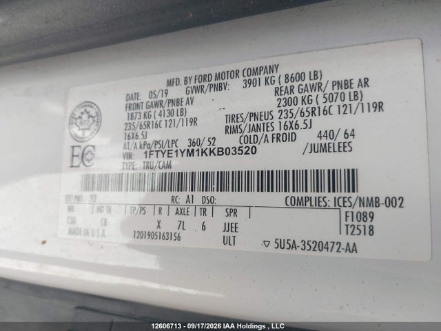 Продажа на аукционе авто 2019 Ford Transit-150, vin: 1FTYE1YM1KKB03520, номер лота: 12606713