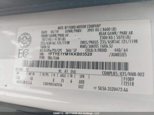 Продажа на аукционе авто 2019 Ford Transit-150, vin: 1FTYE1YM1KKB03520, номер лота: 12606713