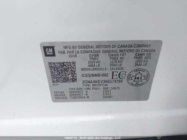 Продаж на аукціоні авто 2019 Chevrolet Equinox Lt, vin: 2GNAXKEV3K6174789, номер лоту: 12606715