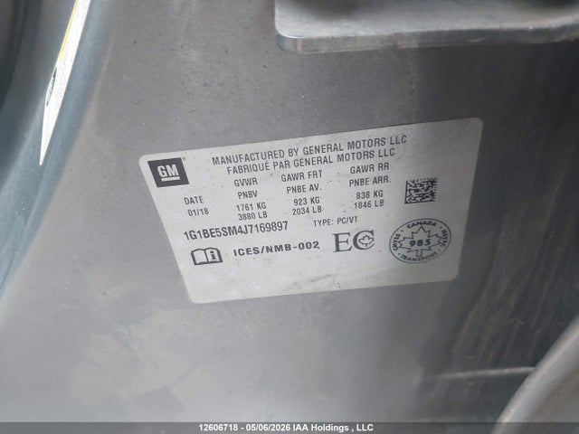Aukcja sprzedaży 2018 Chevrolet Cruze Lt, vin: 1G1BE5SM4J7169897, numer aukcji: 12606718