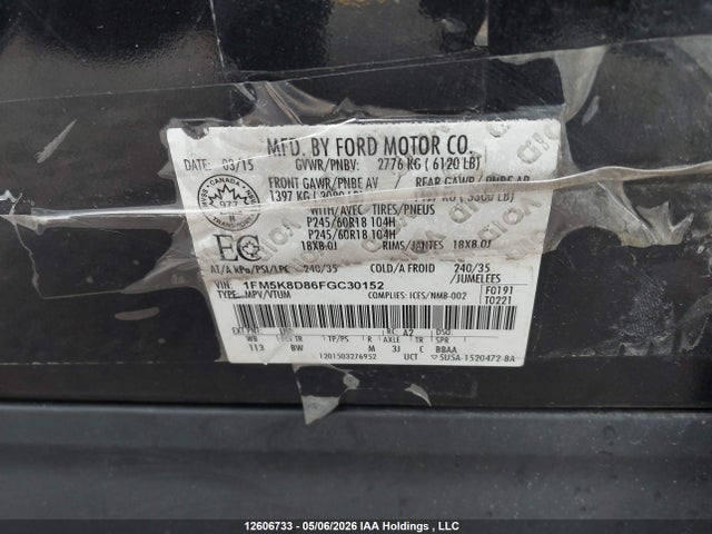 Продаж на аукціоні авто 2015 Ford Explorer, vin: 1FM5K8D86FGC30152, номер лоту: 12606733