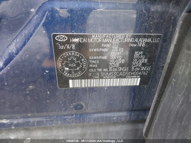 2019 Hyundai Santa Fe Sel/sel Plus მანქანა იყიდება აუქციონზე, vin: 5NMS3CAD5KH004762, აუქციონის ნომერი: 12606736