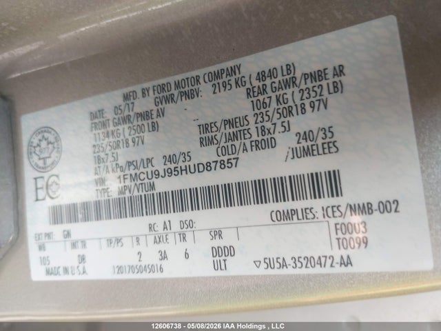 12606738 :رقم المزاد ، 1FMCU9J95HUD87857 vin ، 2017 Ford Escape Titanium مزاد بيع
