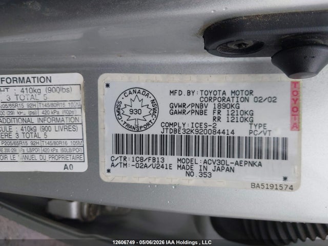 Продаж на аукціоні авто 2002 Toyota Camry Le/xle/se, vin: JTDBE32K920084414, номер лоту: 12606749