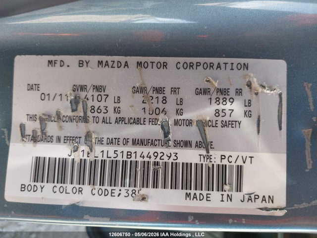 2011 Mazda Mazda3 Gs მანქანა იყიდება აუქციონზე, vin: JM1BL1L51B1449293, აუქციონის ნომერი: 12606750