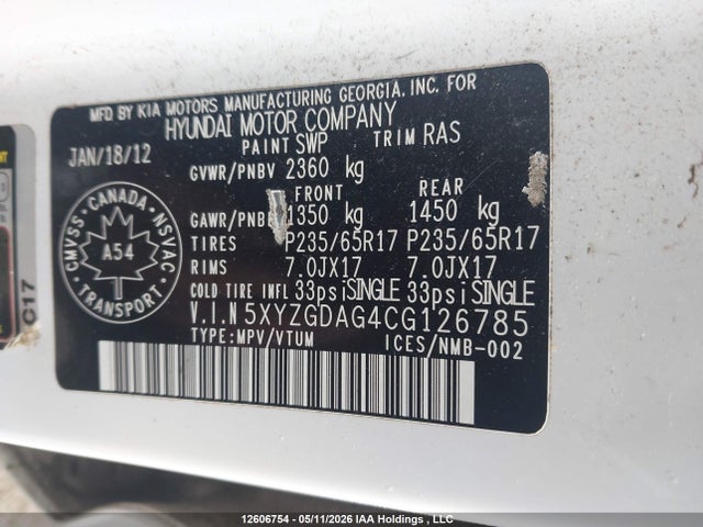 2012 Hyundai Santa Fe Gl 3.5 მანქანა იყიდება აუქციონზე, vin: 5XYZGDAG4CG126785, აუქციონის ნომერი: 12606754
