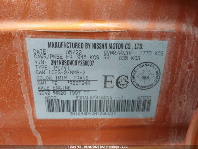 Продаж на аукціоні авто 2022 Nissan Sentra Sr, vin: 3N1AB8DV0NY266007, номер лоту: 12606756
