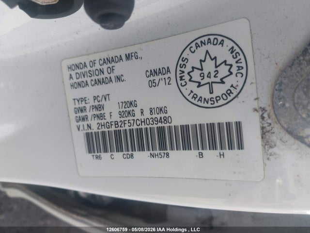 Aukcja sprzedaży 2012 Honda Civic Ex, vin: 2HGFB2F57CH039480, numer aukcji: 12606759