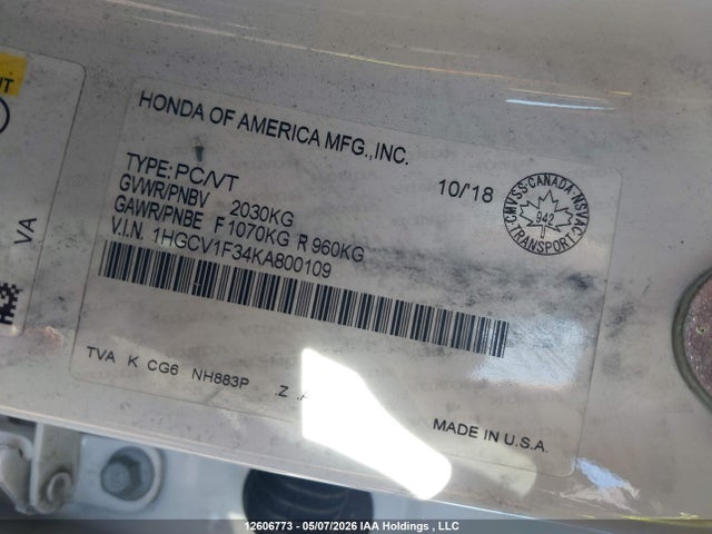 Продаж на аукціоні авто 2019 Honda Accord Sport 1.5t, vin: 1HGCV1F34KA800109, номер лоту: 12606773