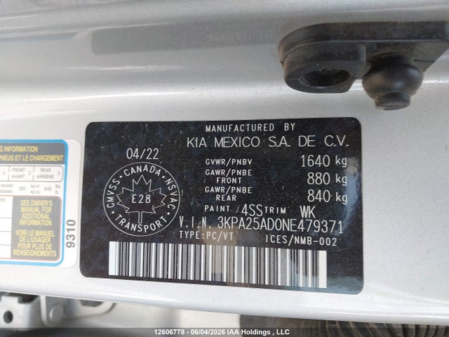 Продажа на аукционе авто 2022 Kia Rio S, vin: 3KPA25AD0NE479371, номер лота: 12606778