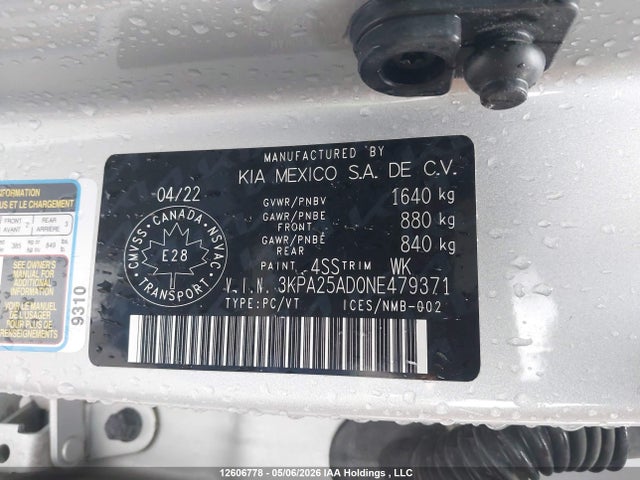 Продажа на аукционе авто 2022 Kia Rio S, vin: 3KPA25AD0NE479371, номер лота: 12606778
