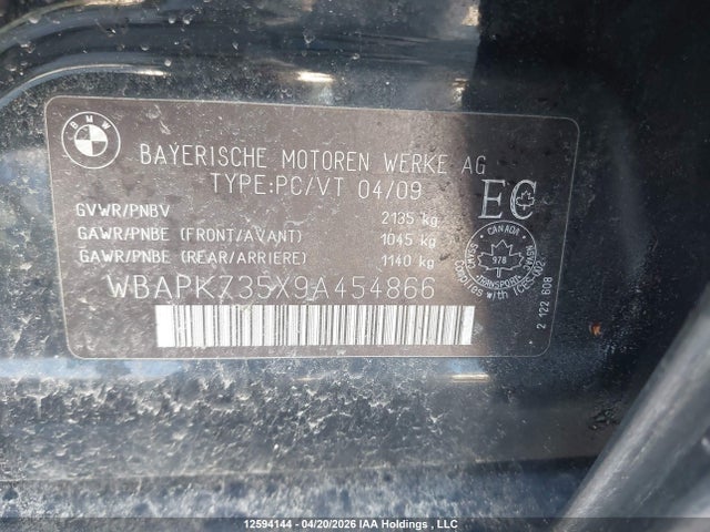 12594144 :رقم المزاد ، WBAPK735X9A454866 vin ، 2009 Bmw 328 Xi مزاد بيع