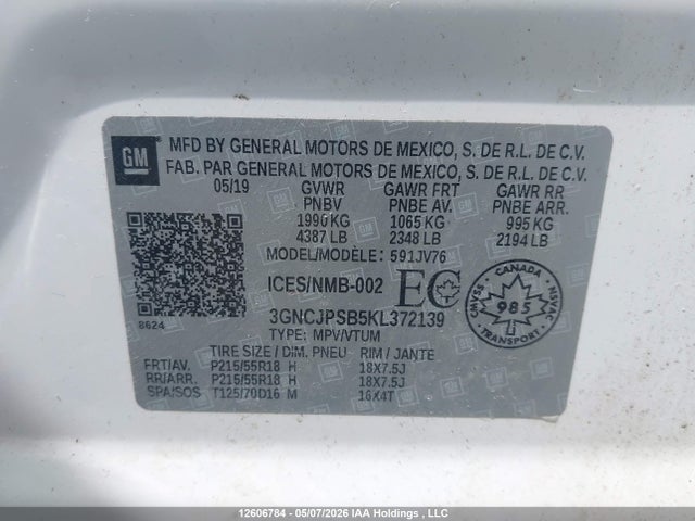 Aukcja sprzedaży 2019 Chevrolet Trax Lt, vin: 3GNCJPSB5KL372139, numer aukcji: 12606784