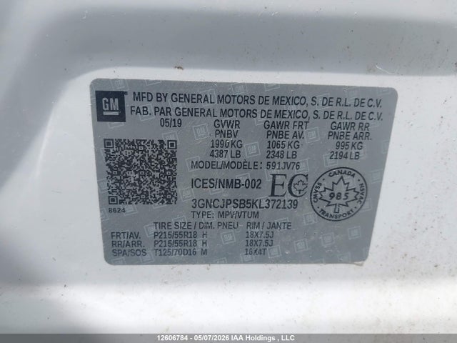 Aukcja sprzedaży 2019 Chevrolet Trax Lt, vin: 3GNCJPSB5KL372139, numer aukcji: 12606784