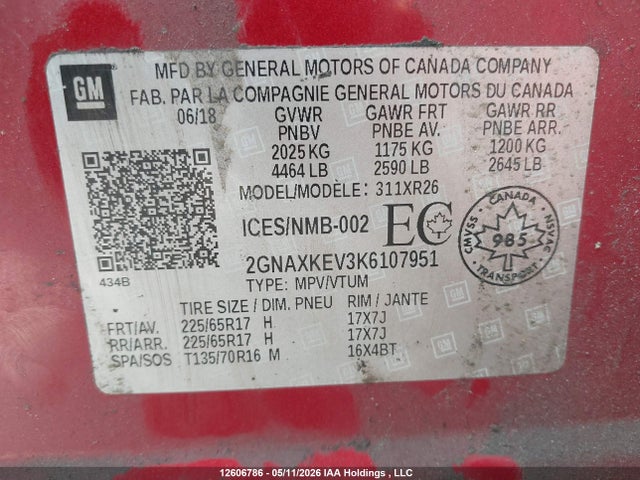 Aukcja sprzedaży 2019 Chevrolet Equinox, vin: 2GNAXKEV3K6107951, numer aukcji: 12606786