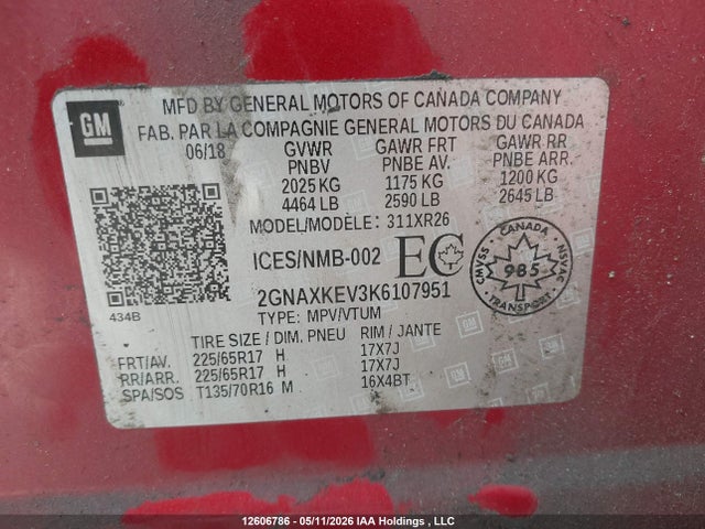 Aukcja sprzedaży 2019 Chevrolet Equinox, vin: 2GNAXKEV3K6107951, numer aukcji: 12606786