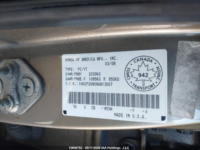 Продаж на аукціоні авто 2008 Honda Accord Ex-l, vin: 1HGCP26808A813007, номер лоту: 12606792