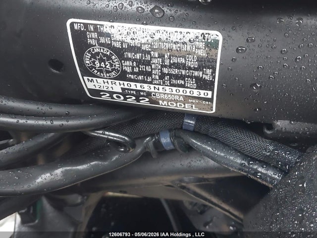 Aukcja sprzedaży 2022 Honda Cbr650 Ra, vin: MLHRH0163N5300030, numer aukcji: 12606793