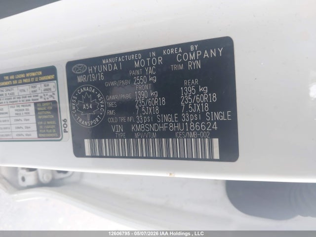 2017 Hyundai Santa Fe Xl Premium მანქანა იყიდება აუქციონზე, vin: KM8SNDHF8HU186624, აუქციონის ნომერი: 12606795