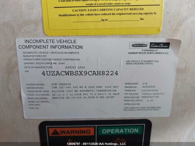 Aukcja sprzedaży 2009 Freightliner Chassis Xc, vin: 4UZACWBSX9CAH8224, numer aukcji: 12606797