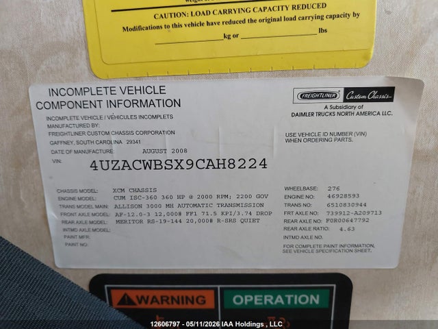 Aukcja sprzedaży 2009 Freightliner Chassis Xc, vin: 4UZACWBSX9CAH8224, numer aukcji: 12606797