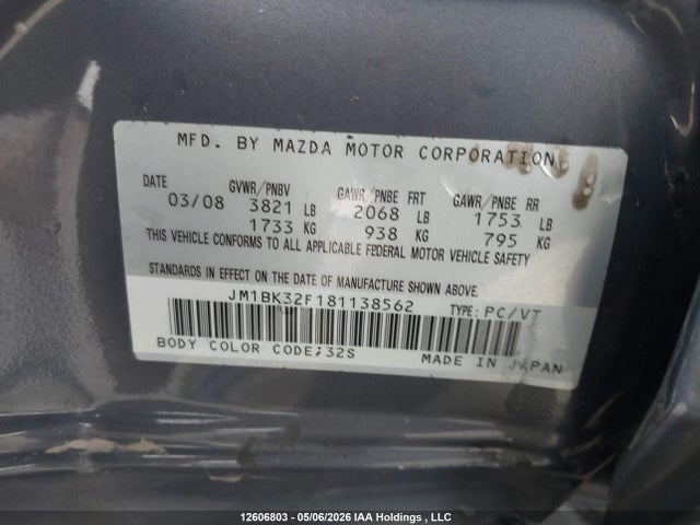 12606803 :رقم المزاد ، JM1BK32F181138562 vin ، 2008 Mazda Mazda3 Gs/gx مزاد بيع