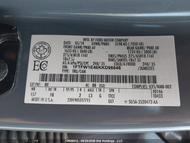 Продаж на аукціоні авто 2019 Ford F-150, vin: 1FTFW1E46KKD98848, номер лоту: 12606812