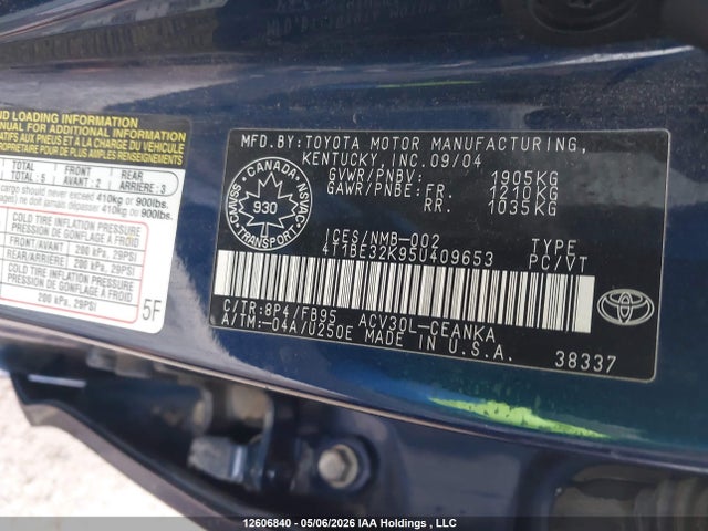 2005 Toyota Camry Le/se/std/xle მანქანა იყიდება აუქციონზე, vin: 4T1BE32K95U409653, აუქციონის ნომერი: 12606840