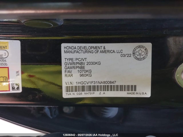 2022 Honda Accord Sport 1.5t მანქანა იყიდება აუქციონზე, vin: 1HGCV1F31NA800847, აუქციონის ნომერი: 12606842
