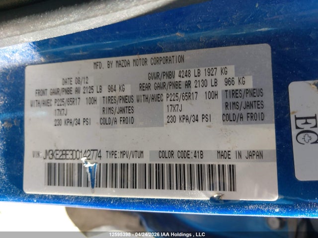 12595398 :رقم المزاد ، JM3KE2BE3D0142774 vin ، 2013 Mazda Cx-5 Sport مزاد بيع