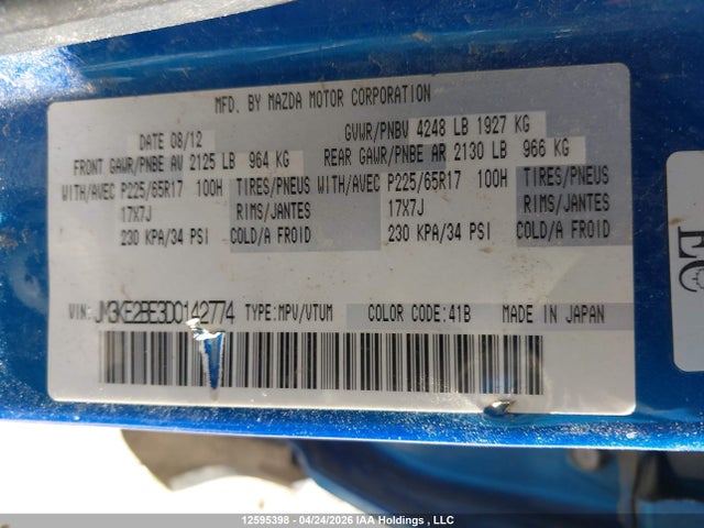 12595398 :رقم المزاد ، JM3KE2BE3D0142774 vin ، 2013 Mazda Cx-5 Sport مزاد بيع