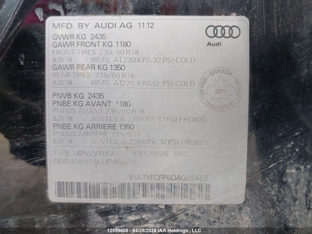 Продажа на аукционе авто 2013 Audi Q5 2.0t Premium Plus, vin: WA1VFCFP8DA036457, номер лота: 12599605