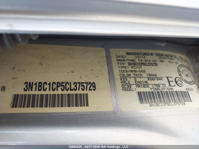 2012 Nissan Versa 1.8 S/1.8 Sl მანქანა იყიდება აუქციონზე, vin: 3N1BC1CP5CL375729, აუქციონის ნომერი: 12600228