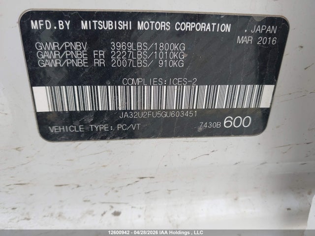 JA32U2FU5GU603451 Mitsubishi Lancer Es/se Ltd